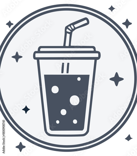 Bubbling beverage in a clear cup with a straw and festive sparkles within a circular frame