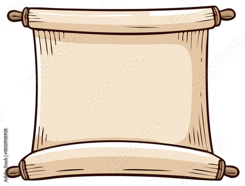 Blank Old Parchment Scroll Illustration with Empty Copy Space and Wooden Rollers