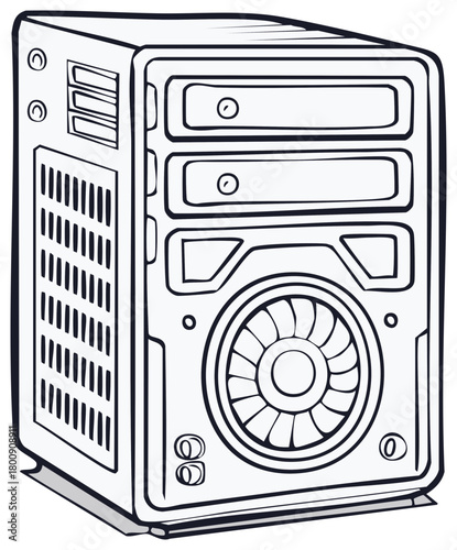 Computer tower illustration with fan and drive bays