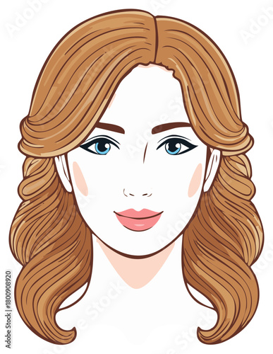 Elegant woman portrait with wavy hair and blue eyes illustration. Isolated female avatar with bright hairstyle.