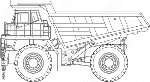 Detailed line art illustration of a heavyduty mining haul truck in side profile.