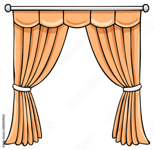 Cartoon peach colored drapery pulled to the sides with a white tie and draped fabric