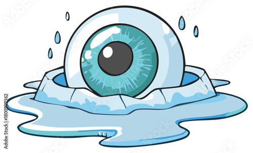 Cartoon eye inside a melting ice block with water droplets, blue iris