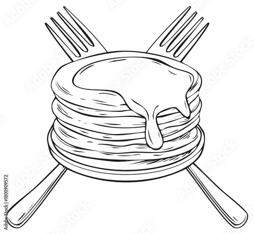 Line art illustration of a stack of pancakes with dripping syrup and crossed forks