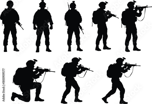 Collection of 8 soldier silhouettes in various combat poses. Modern army special forces vector set with tactical gear and rifles.