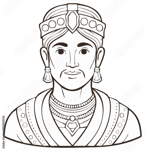 Illustration of a man in traditional attire with a crown and jewelry