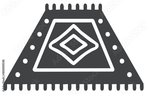 Stylized Tent Icon with Fringe, Native American Teepee with Diamond Motif, Black and White