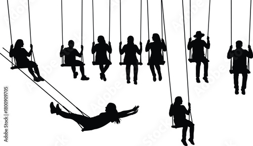 People swinging silhouette vector set. Collection of men and women on swings. Park and playground leisure icons.