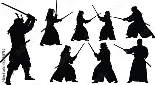 Samurai and Kendo silhouette vector set. Japanese martial arts warriors practicing with swords. Isolated icon collection.