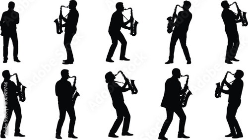 Saxophone player silhouette vector set. Collection of musician poses. Man playing sax. Jazz music artist icon. Isolated graphics.