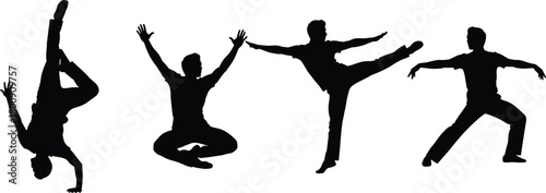 Silhouette set of a man in dynamic poses. Collection of breakdance, martial arts, and balancing actions. Vector icon.