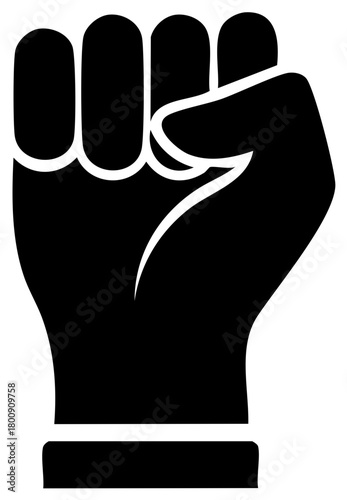 Stylized black raised clenched fist symbol representing human power unity solidarity and revolution strength