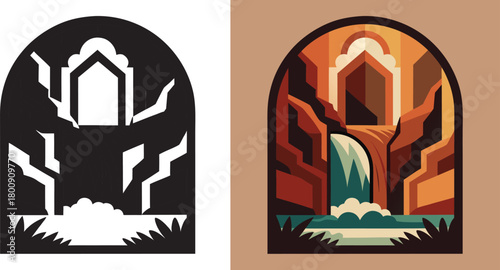 Discover a stunning waterfall oasis in a hidden mountain temple sanctuary, captured in a modern geometric style perfect for branding and design projects