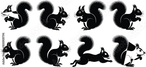 Squirrel silhouette vector set. Collection of 8 black forest animal icons in various poses, isolated on white.