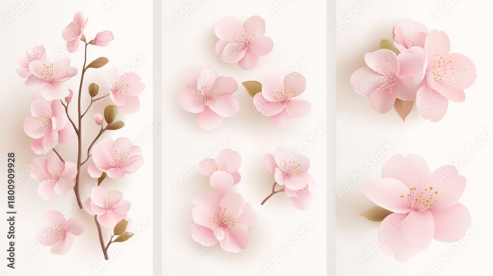 Naklejka premium 31.Spring sakura cherry blooming flowers bouquet. Isolated realistic pink petals, blossom, branches, leaves vector set. Design spring tree illustration: