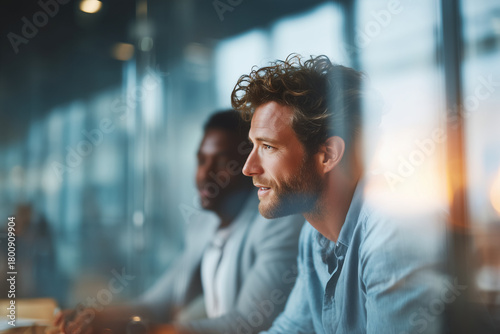 Two men engaged in a discussion in a modern office setting, with a focus on the man in the foreground showcasing curiosity and attentiveness.