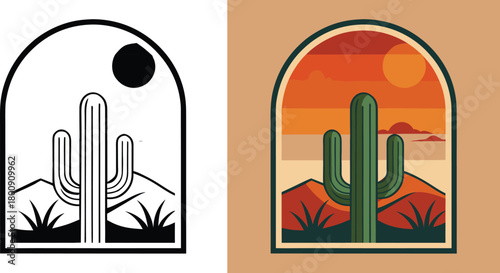 Vibrant desert sunset scene with iconic saguaro cactus and distant mountains, evoking a sense of adventure and natural beauty.