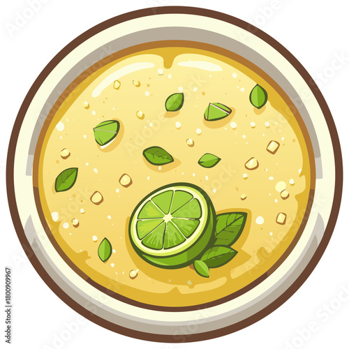 Top View of Refreshing Lime Soup in a Bowl with Mint Leaves and Zesty Flavor