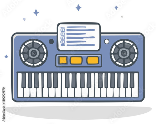 Cute cartoon synthesizer keyboard musical instrument with speakers. Blue electronic piano icon for music and sound design.