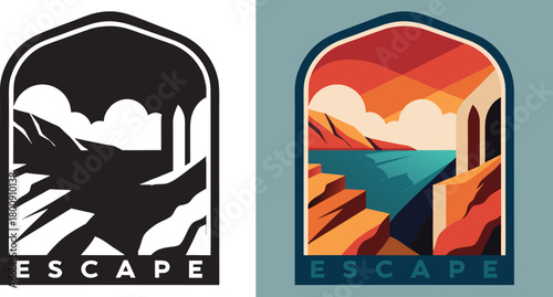 Escape to serene coastal paradise with vibrant sunset, tranquil waters, and inviting architectural archway, promising adventure and relaxation.