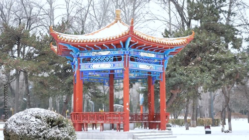 The pavilion in the heavy snow
