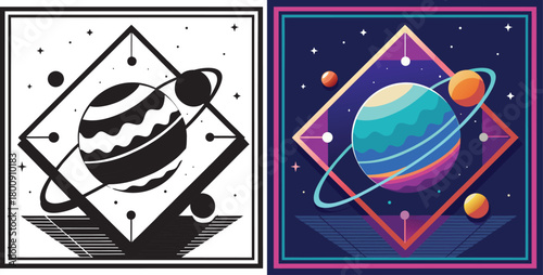 Vibrant retro-futuristic cosmic scene featuring a ringed planet and orbiting celestial bodies against a starry backdrop