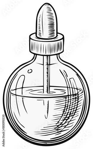 Vintage engraving style illustration of a glass dropper bottle with liquid serum