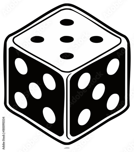 Stylized Black and White Single Dice Vector Illustration for Games and Probability Concepts