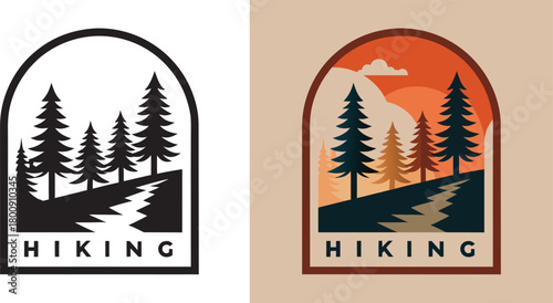 Vibrant retro badge design showcases a serene mountain trail with pine trees under a warm sunset sky, perfect for adventure branding.