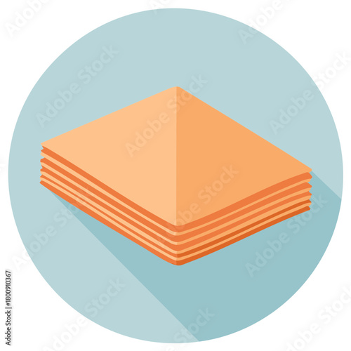 Stack of flat orange baklava layers in isometric view with long shadow