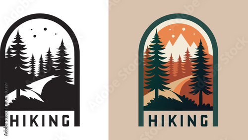 Stunning vintage style mountain landscape with pine trees and winding path, perfect for adventure logos and outdoor branding