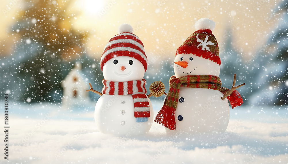 Fototapeta premium Two Cheerful Snowmen in a Winter Setting