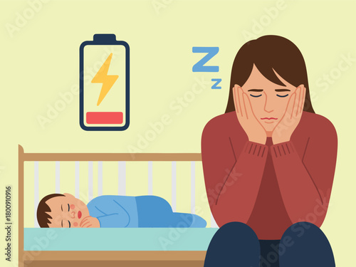 Exhausted New Mother with Sleeping Baby and Low Energy Battery Icon | Postpartum Fatigue Vector