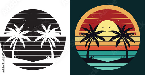 Vibrant retro sunset scene with silhouette palm trees and tropical beach evoking vacation vibes and serene getaways