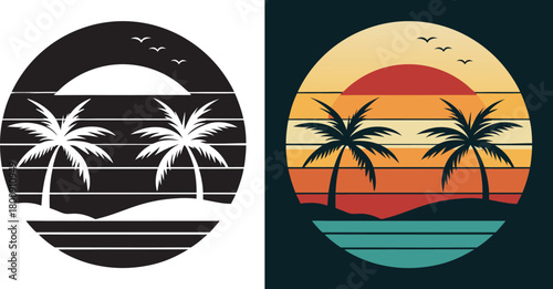 Vibrant retro sunset scene with silhouetted palm trees and tranquil ocean waves creates a perfect tropical escape
