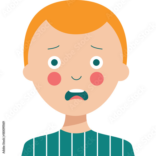 Cartoon portrait of a young boy with bright orange hair and wide blue eyes expressing shock and fear with red cheeks and an open mouth wearing a teal striped shirt isolated on a white background