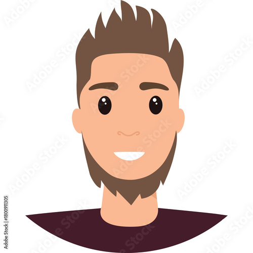 Cartoon Portrait Of A Young Man With Brown Spiky Hair And Beard Smiling On A Transparent White Background