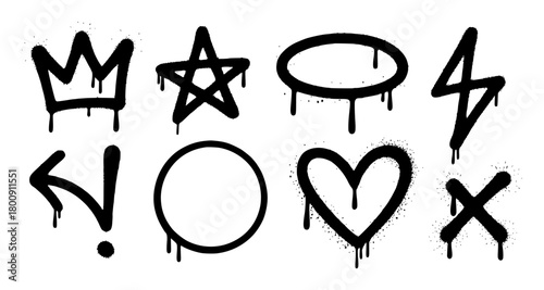 Black Graffiti Symbols Crown, Star, Heart, Arrow, Circle, X, Lightning Bolt