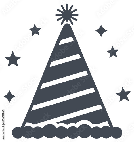 Festive striped party hat icon with celebratory stars and pompom for birthdays and fun events