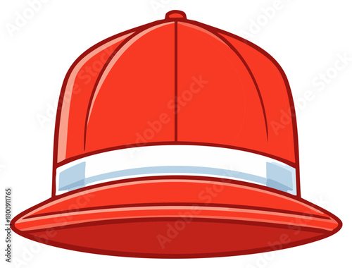 Bright red pith helmet with a white band and blue accents