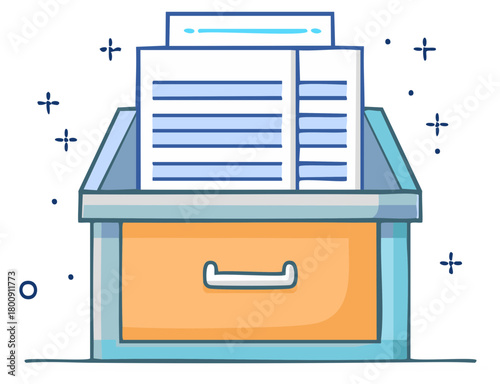 Cartoon illustration of a file cabinet with papers and documents