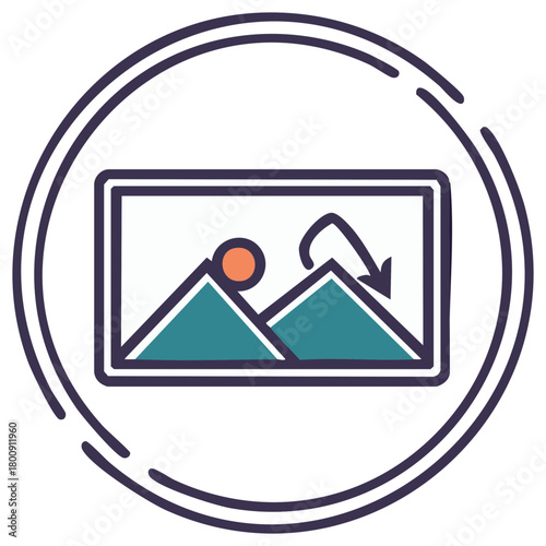 Abstract landscape image with mountains and rotating symbol, stylized icon illustration