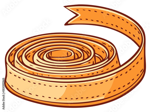 Coiled orange fabric ribbon with dotted stitches and a pointed end