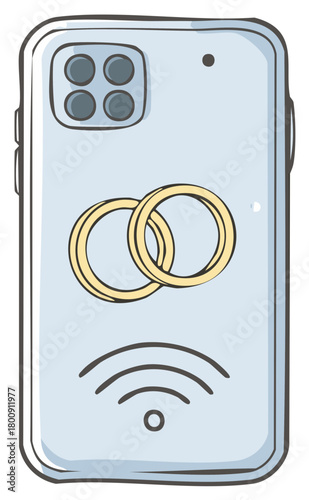 Smartphone with wedding rings and WiFi symbol on back, illustration style
