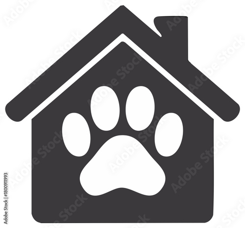 House Icon with Paw Print, Pet Shelter Symbol, Veterinary Clinic Sign, Home, Roof, Chimney, Animal