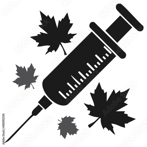 Medical Syringe and Maple Leaves: Conceptual Healthcare or Addictions Illustration