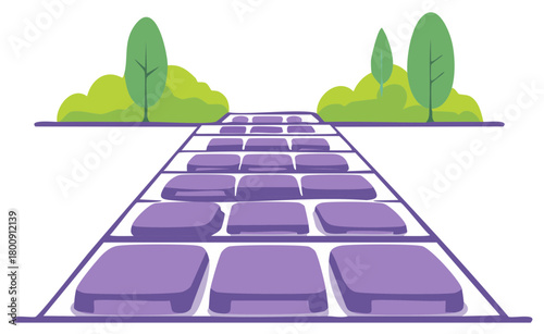 Abstract perspective view of a purple stepping stone path through a green landscape