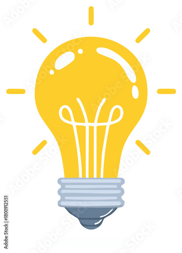 Bright yellow incandescent light bulb with glowing filament and radiating light.