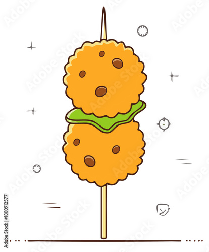 Cute cartoon two fried chicken nuggets on a skewer with lettuce detail