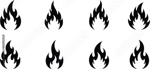 Set of flame icons, black fire silhouette vector collection, burning heat symbols, graphic fire shapes for logo, decal, tattoo, hot energy design